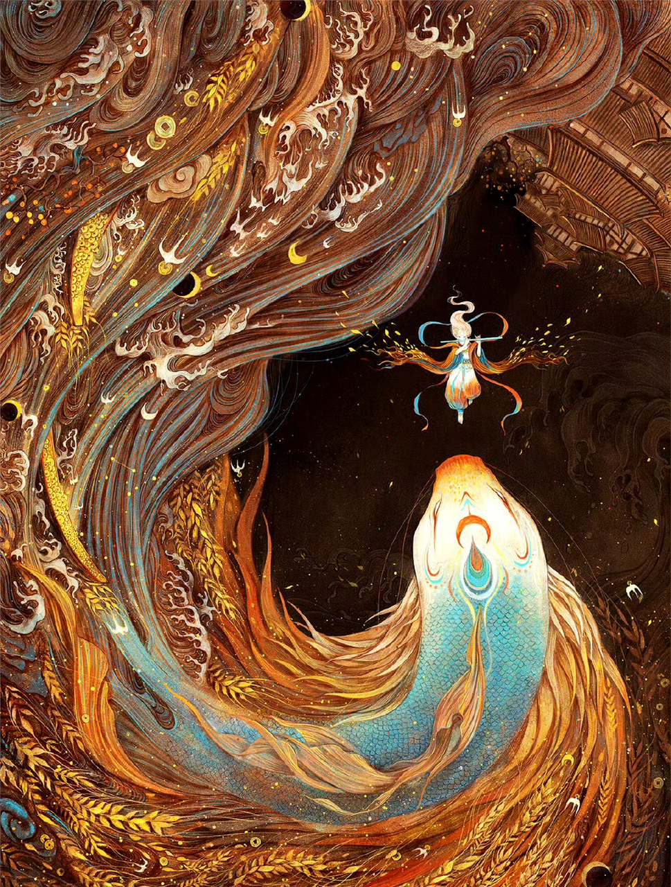 画师舍溪神话系列绘画作品欣赏,展现了山海经中的故事.