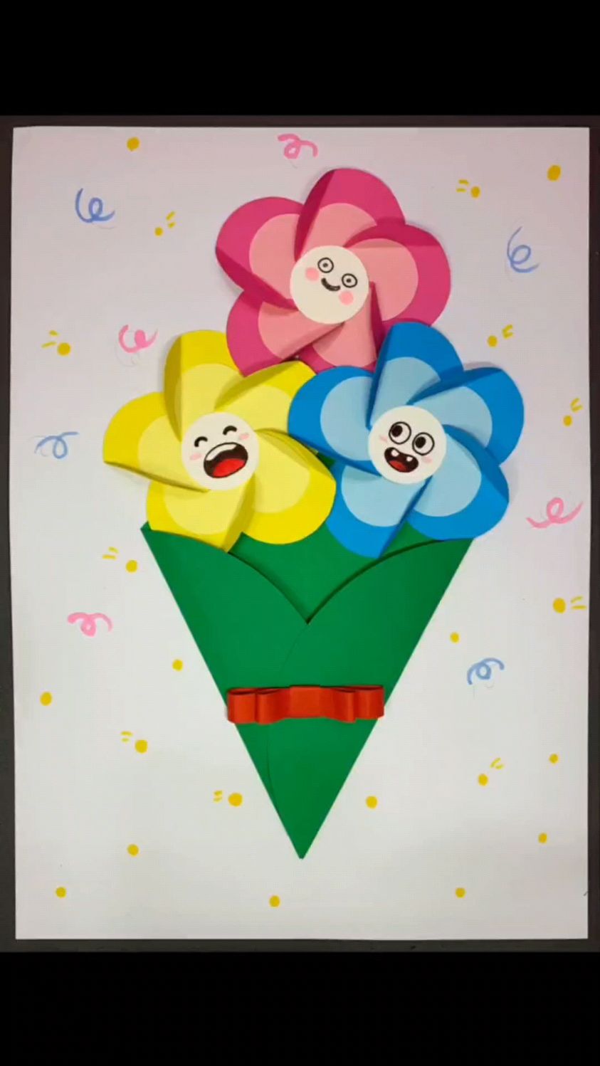 用圆就可以拼贴成的小花束,非常简单哦.少儿创意美术 亲子手工