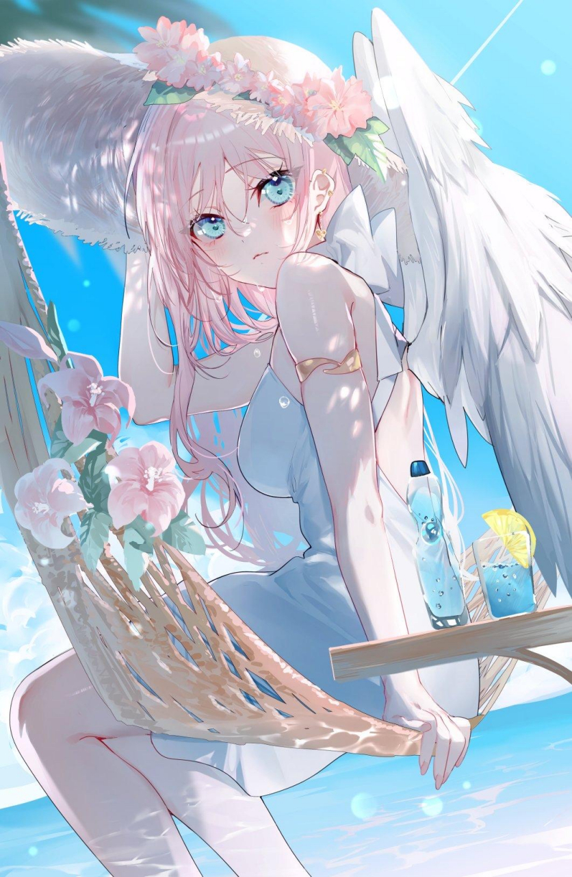 在吊床上享受阳光和海滩的少女[awsl]#二次元#  画师:美和野らぐ