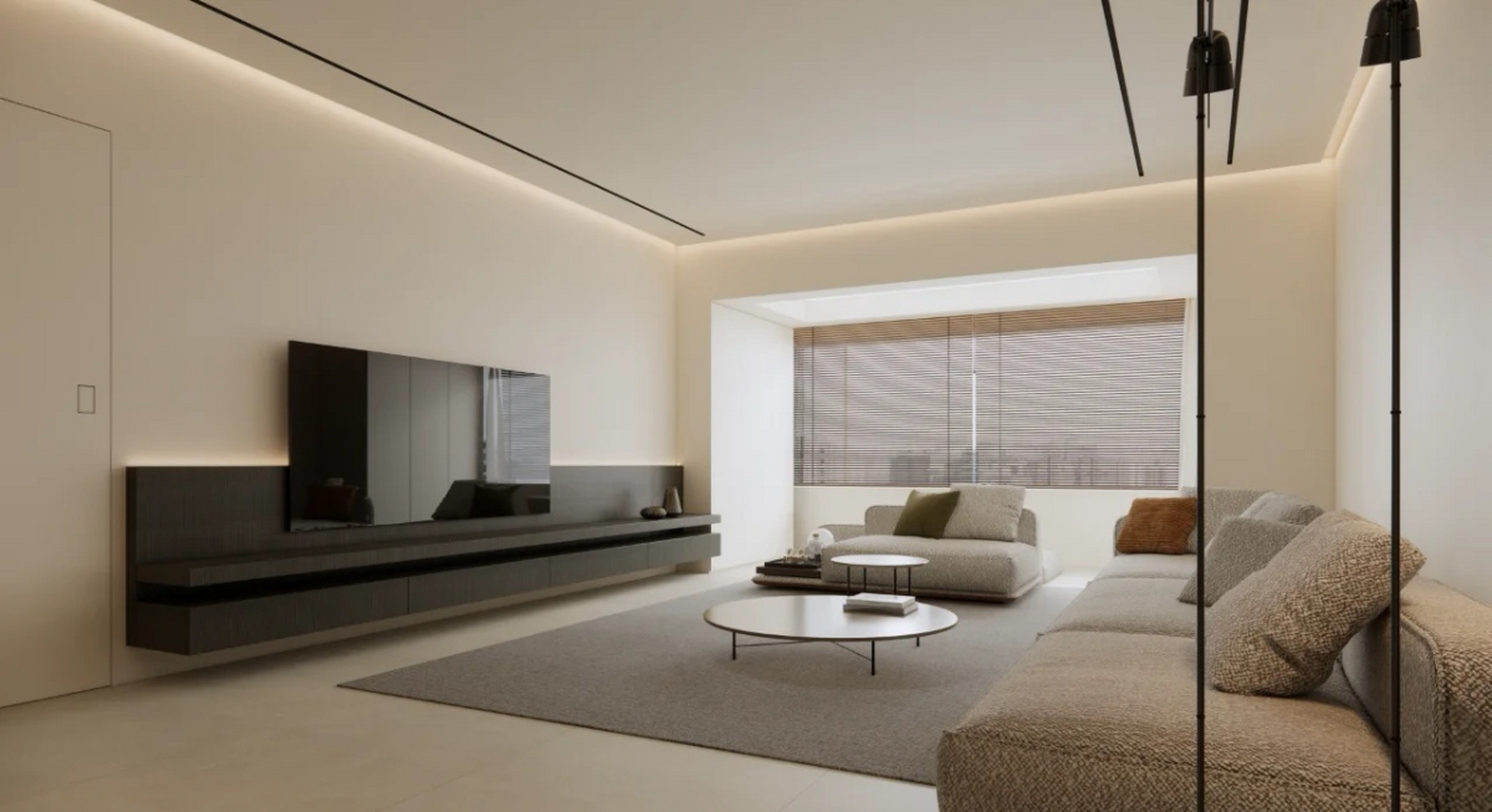 半高的木饰面墙,再加上无主灯吊顶,凸显层高优势,扩大视野范围.