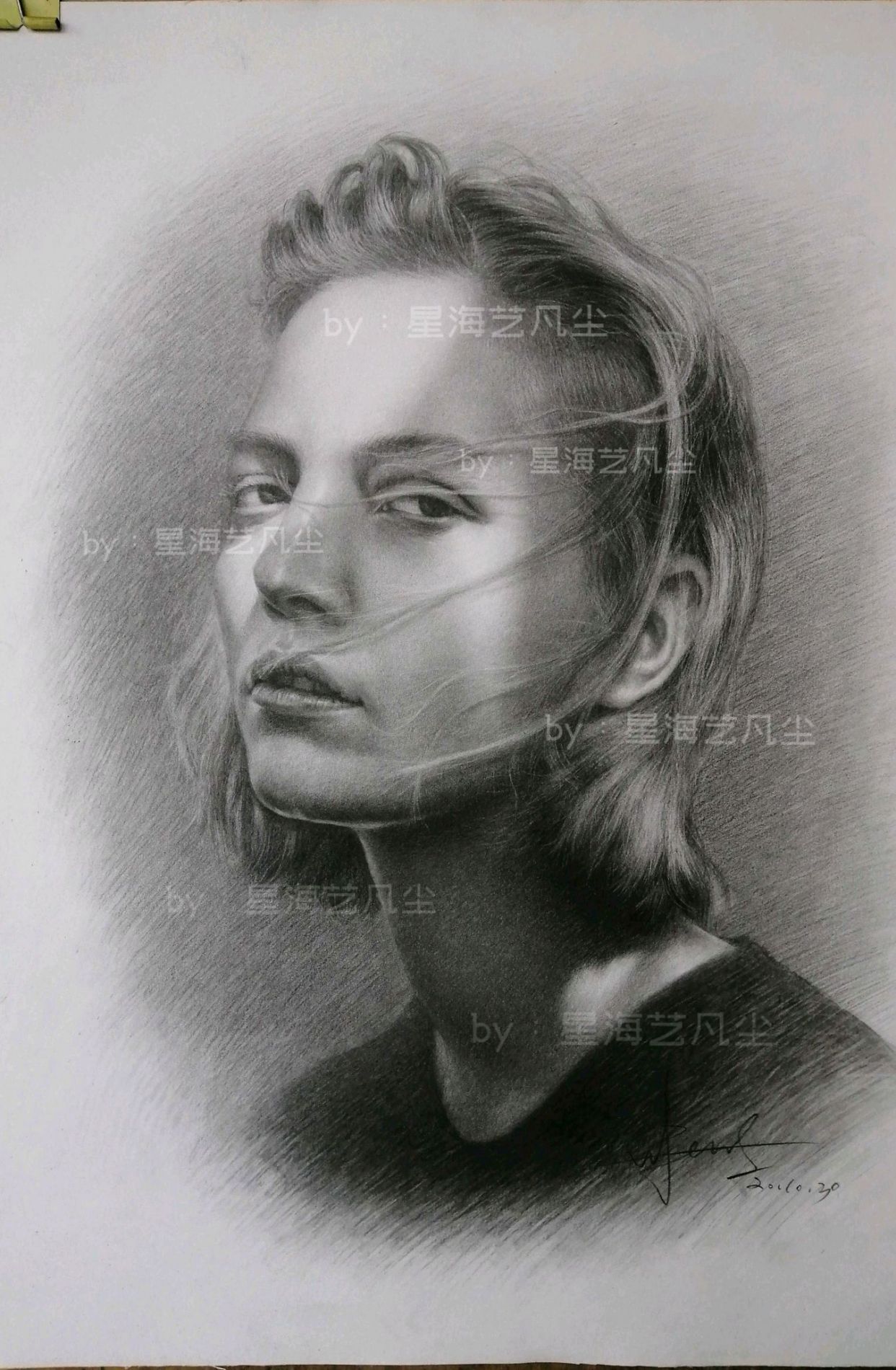 女青年3/4侧面,素描人物头像绘画教程鉴赏.by:冰峰画艺工作室