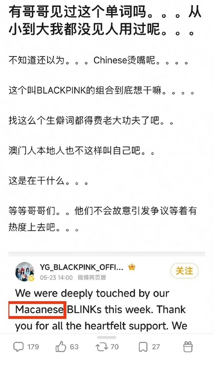 blackpink在文案里用词"macanese",有网友觉得不妥,引发争议.