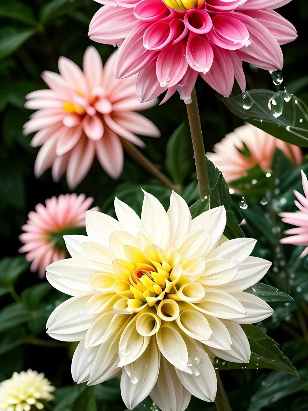 五颜六色的大丽花,五彩斑斓,花朵大而优美,百看不厌