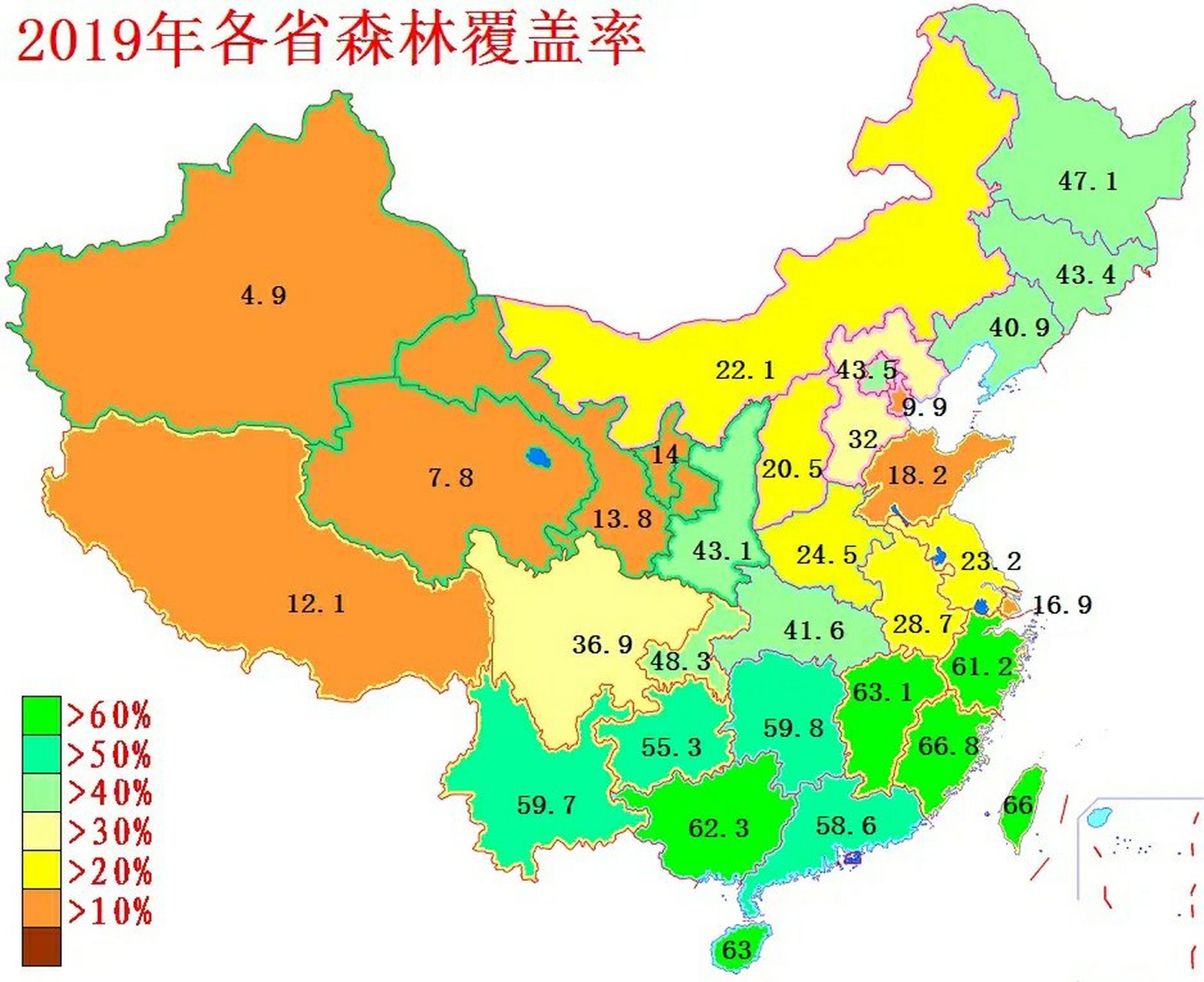 2019年中国各省森林覆盖率分布图,东南华南各省一片绿油油,广东覆盖率