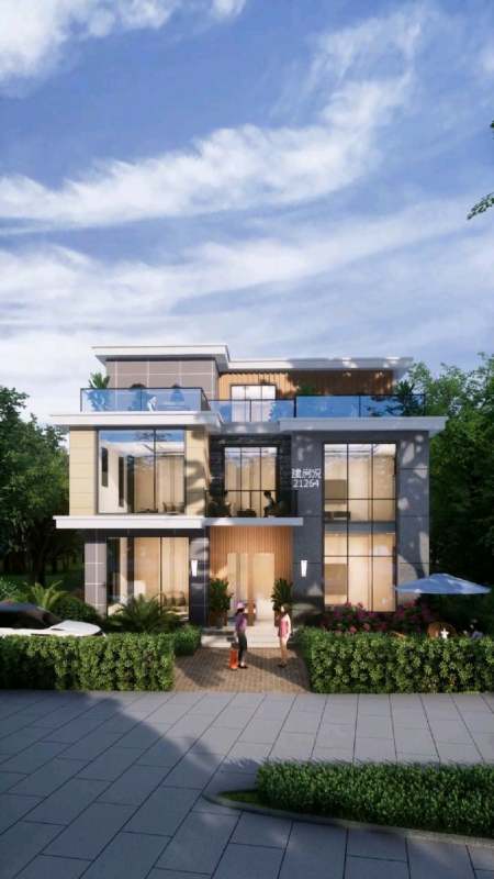 12x12米三层现代风农村自建房别墅设计-度小视