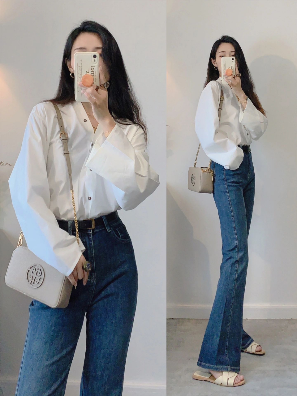 简单随性穿搭,白衬衫牛仔裤气质修身～ 这款白衬衫好特别 无领设计显