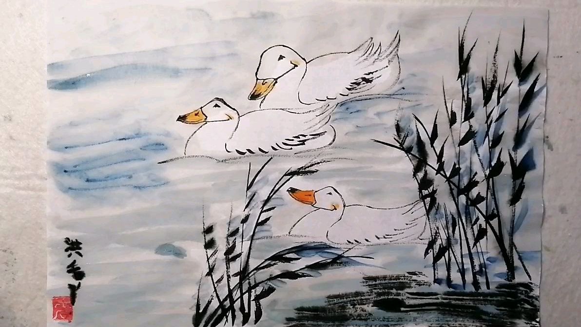 河塘里悠闲自在的鸭鸭写意画