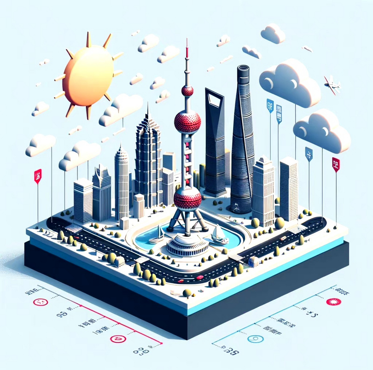 一组ai生成的城市3d立体天气海报,将城市标志性建筑进行3d化,然后结合