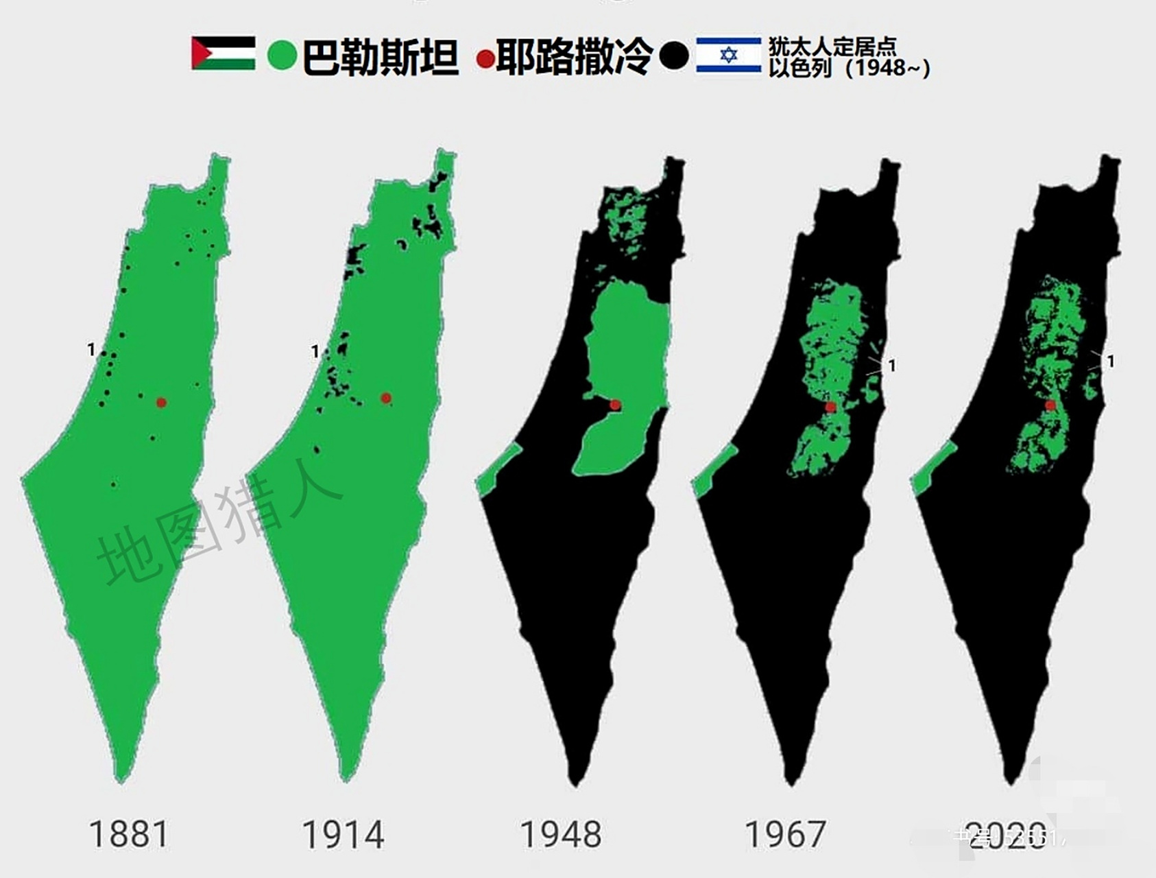 以色列和巴勒斯坦领土变化图  犹太人重新建国后为了斩草除根,将本地