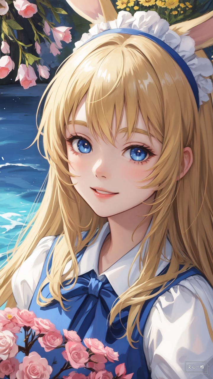 二次元,爱丽丝,金色头发,蓝色裙子,兔耳朵少女,爱丽丝梦游仙境,童话