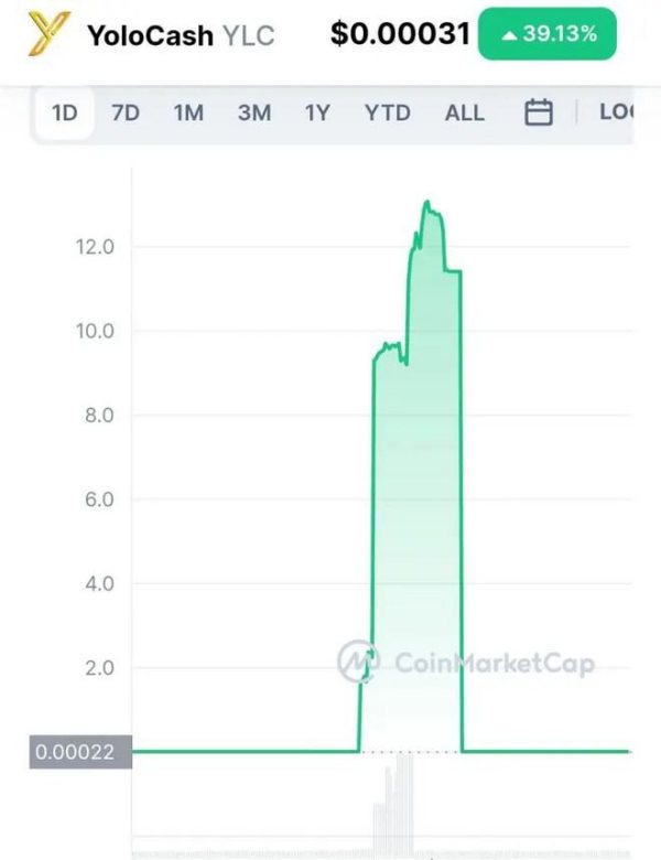 YoloCash在24小时内飙升5,570,000%后又下跌550万%