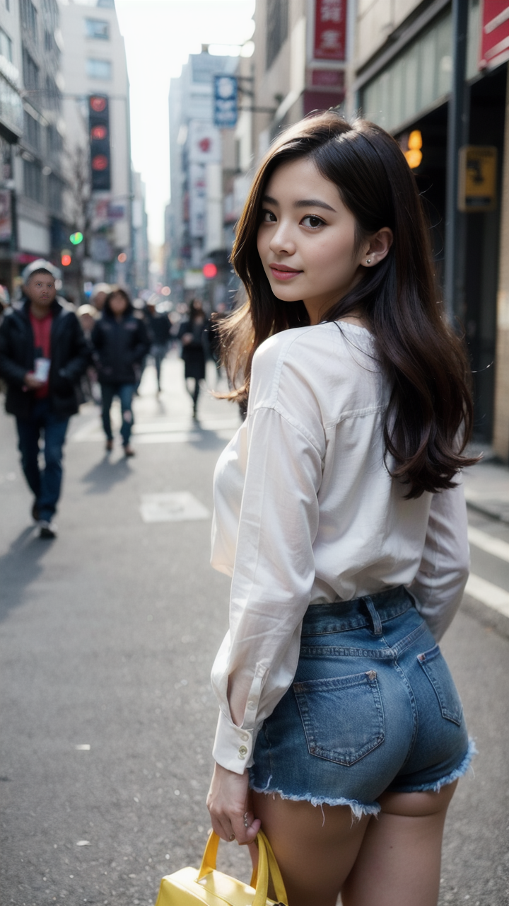 穿上衬衫和牛仔短裤的清纯女孩惊艳甜美想不爱都难