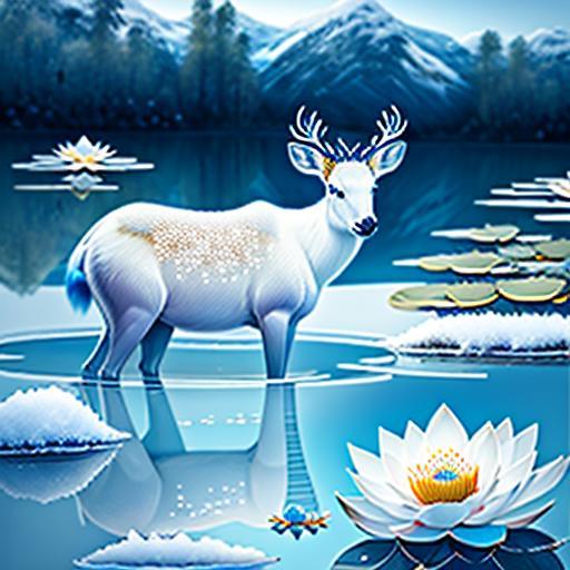 ai唯美风景:雪莲花,雪山,白鹿,梦幻蓝莲花