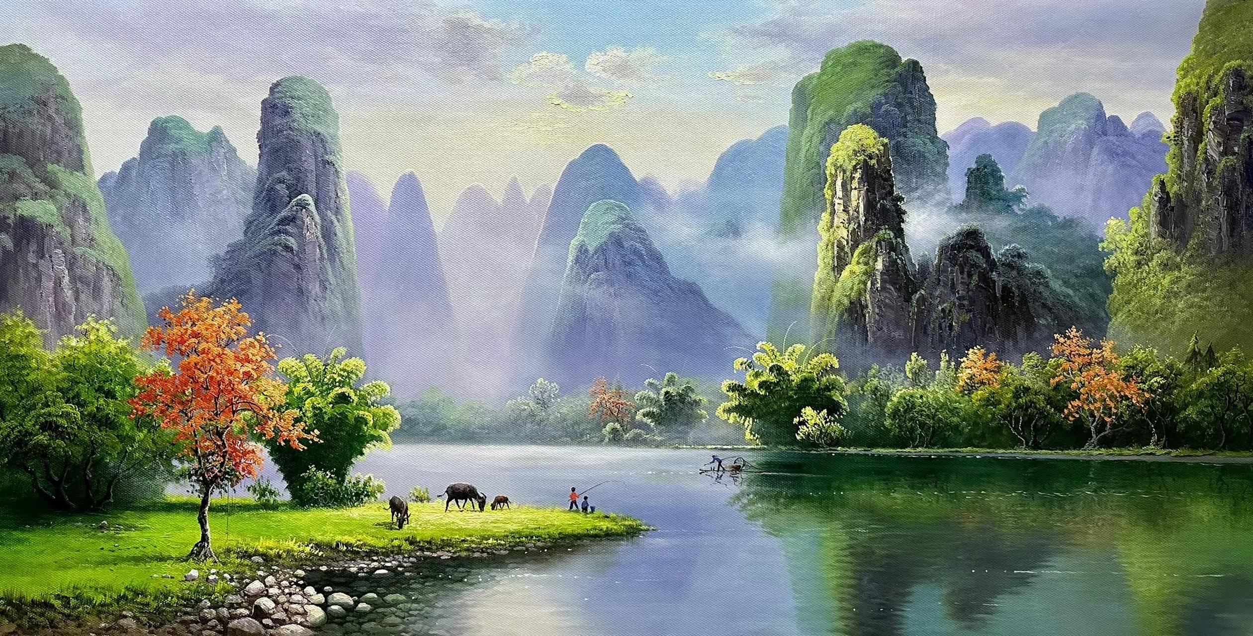 画家龙蟠是中国当代山水油画大师之一,他的桂林山水油画作品展现了