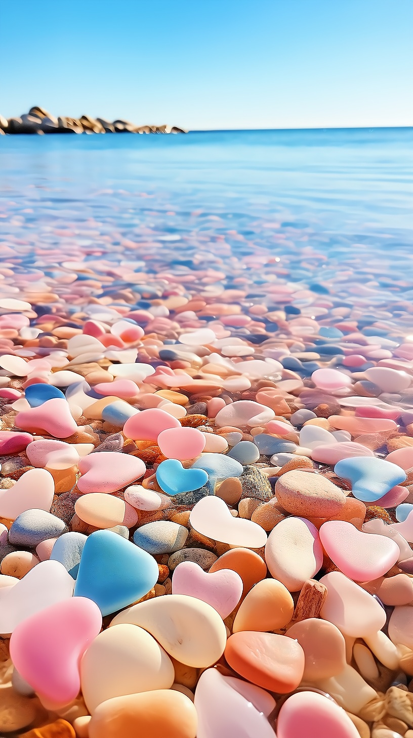 推荐高清壁纸:色彩斑斓的爱心卵石装点沙滩