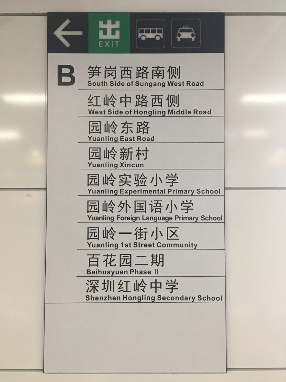 英文专业人士,请教一个问题: 下面是深圳园岭地铁站的b出口标识.