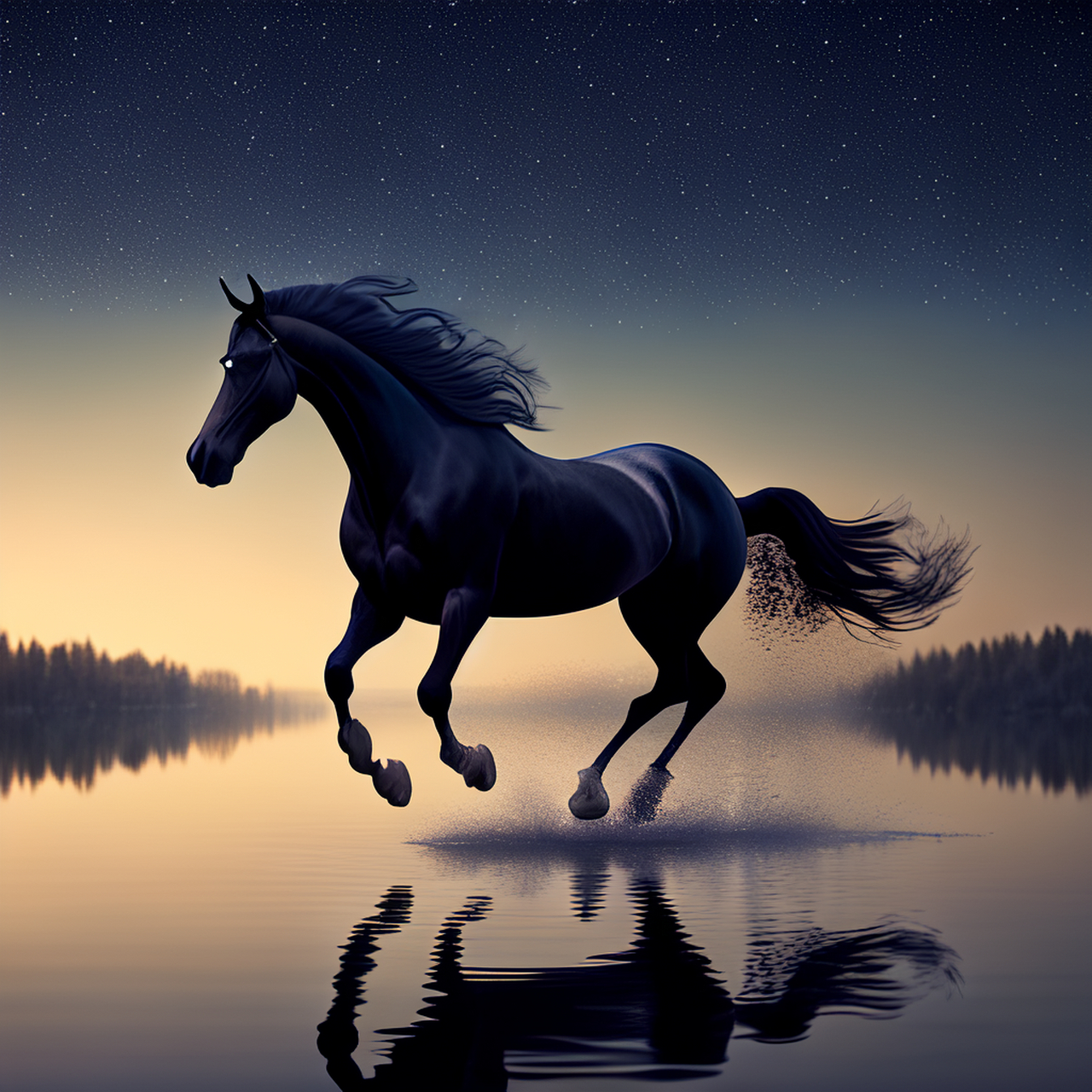 宁静的星月夜,平静的湖面,一匹孤独的黑马在水面上行走,它时而驻足