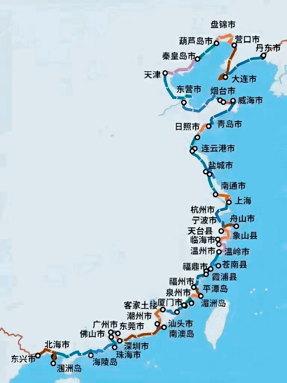 中国海滨城市分布图  海滨城市是指位于海岸旁的城市,通常拥有海滩和