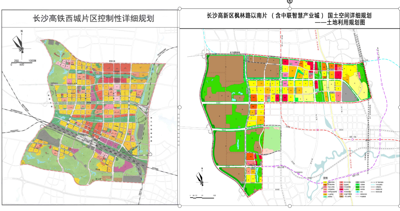 左边长沙高铁西城片区控制性详细规划 vs 右边高新区枫林路以南国土