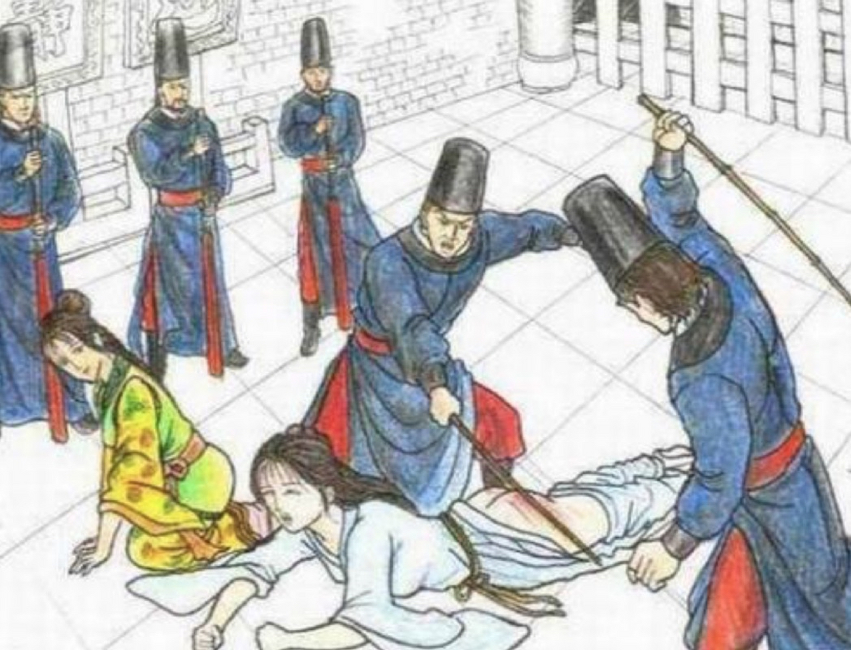 宋,元两代都有"去衣受杖"的规定,明代沿袭旧制,规定妇人犯有奸罪需要