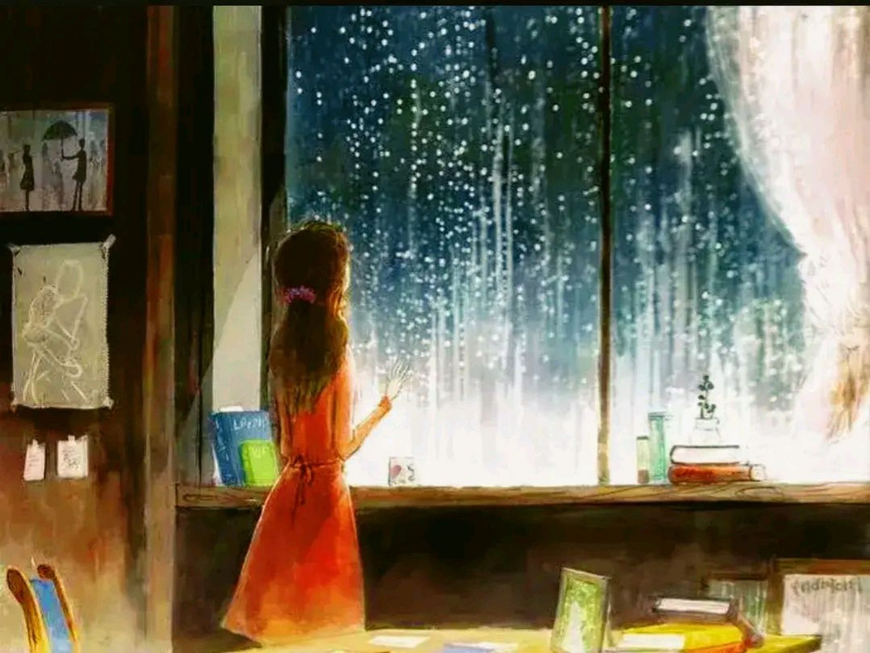 一帘细雨挂窗前, 月影无踪柳未眠.
