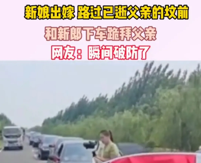 婚车路过父亲坟前 新娘下车磕头