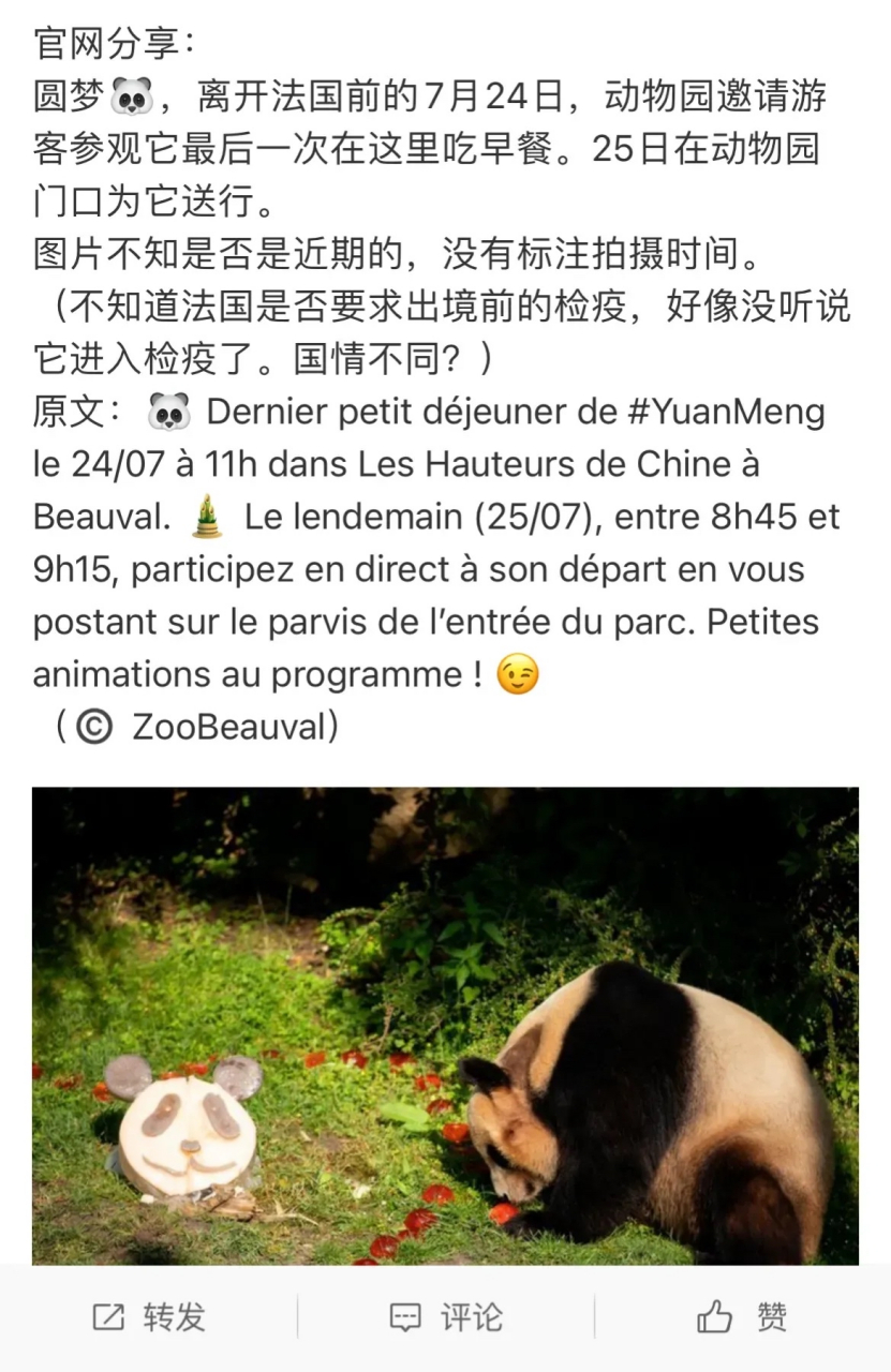 法国动物园官网分享,旅法大熊猫圆梦即将于本月7月25日回国,离开法国