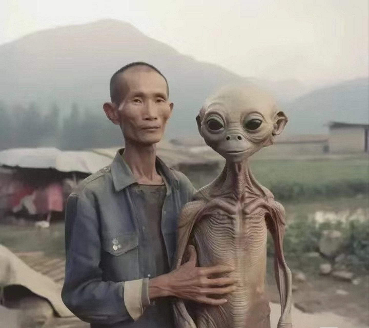 70年代的一位大爷和他的外星人妻子的合照