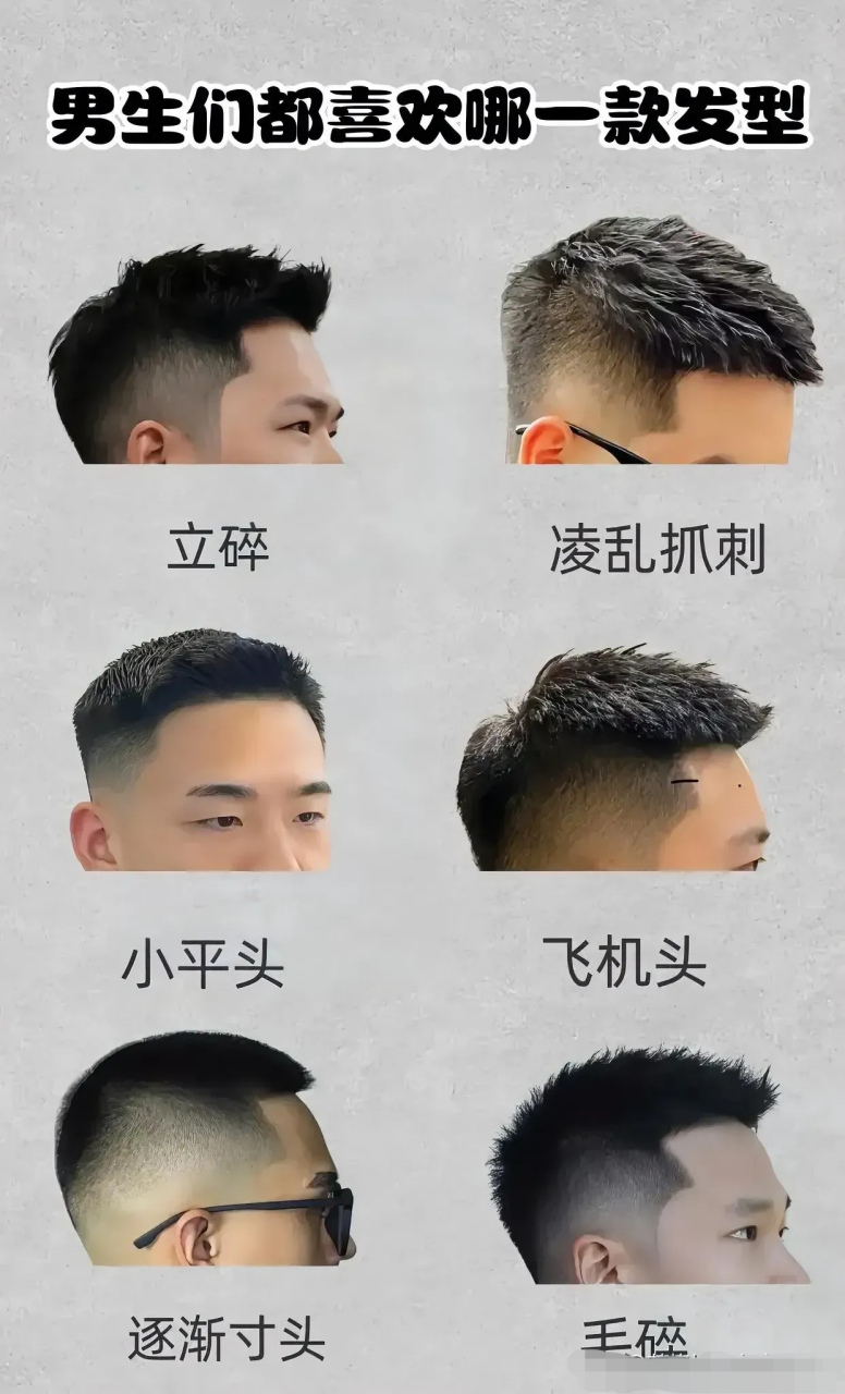 凌乱抓刺 3.小平头 4.飞机头 5.逐渐寸头 6.