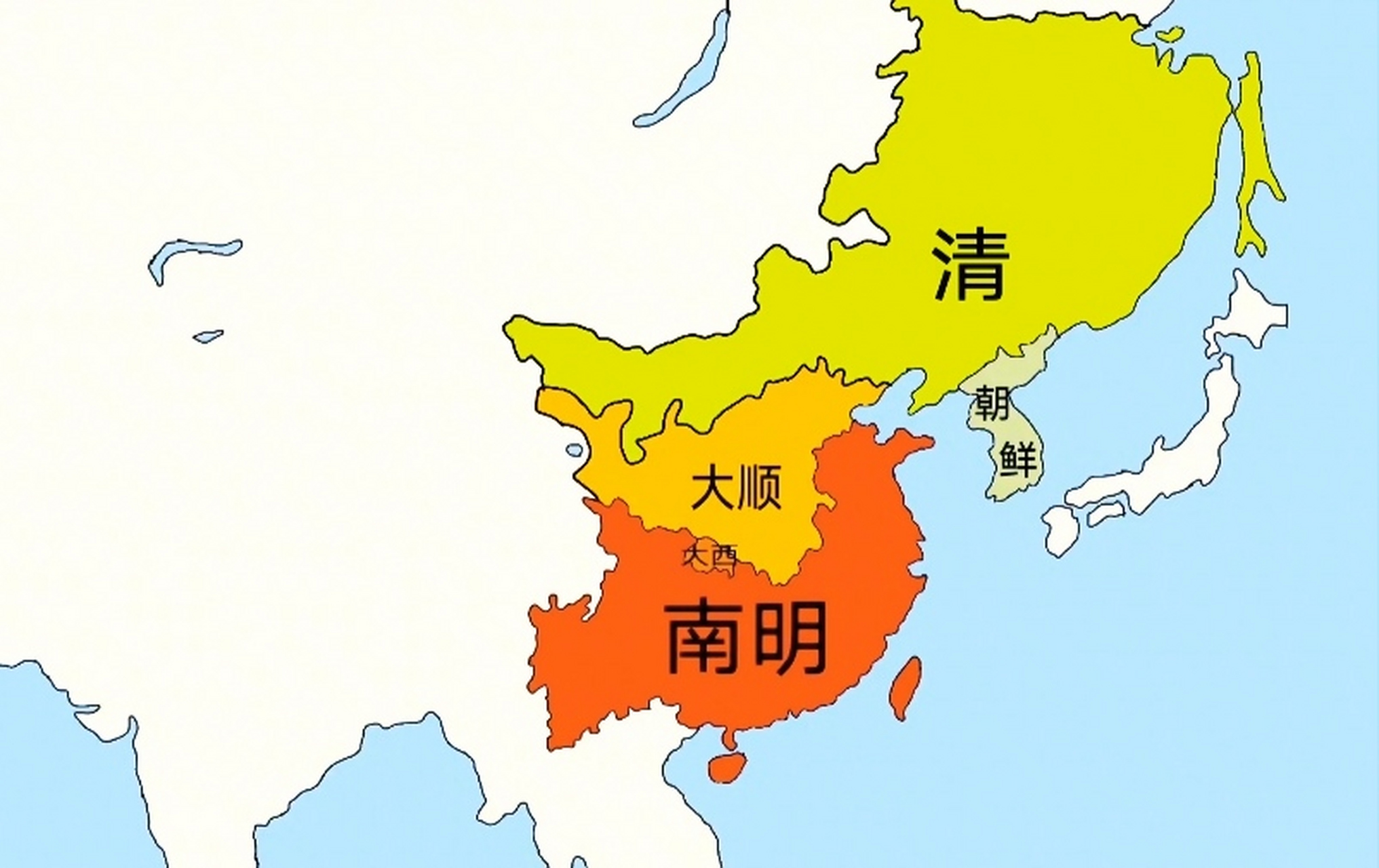 明末清初天下局势图  清兵入关初期,南明提出"借虏平寇",企图利用清兵