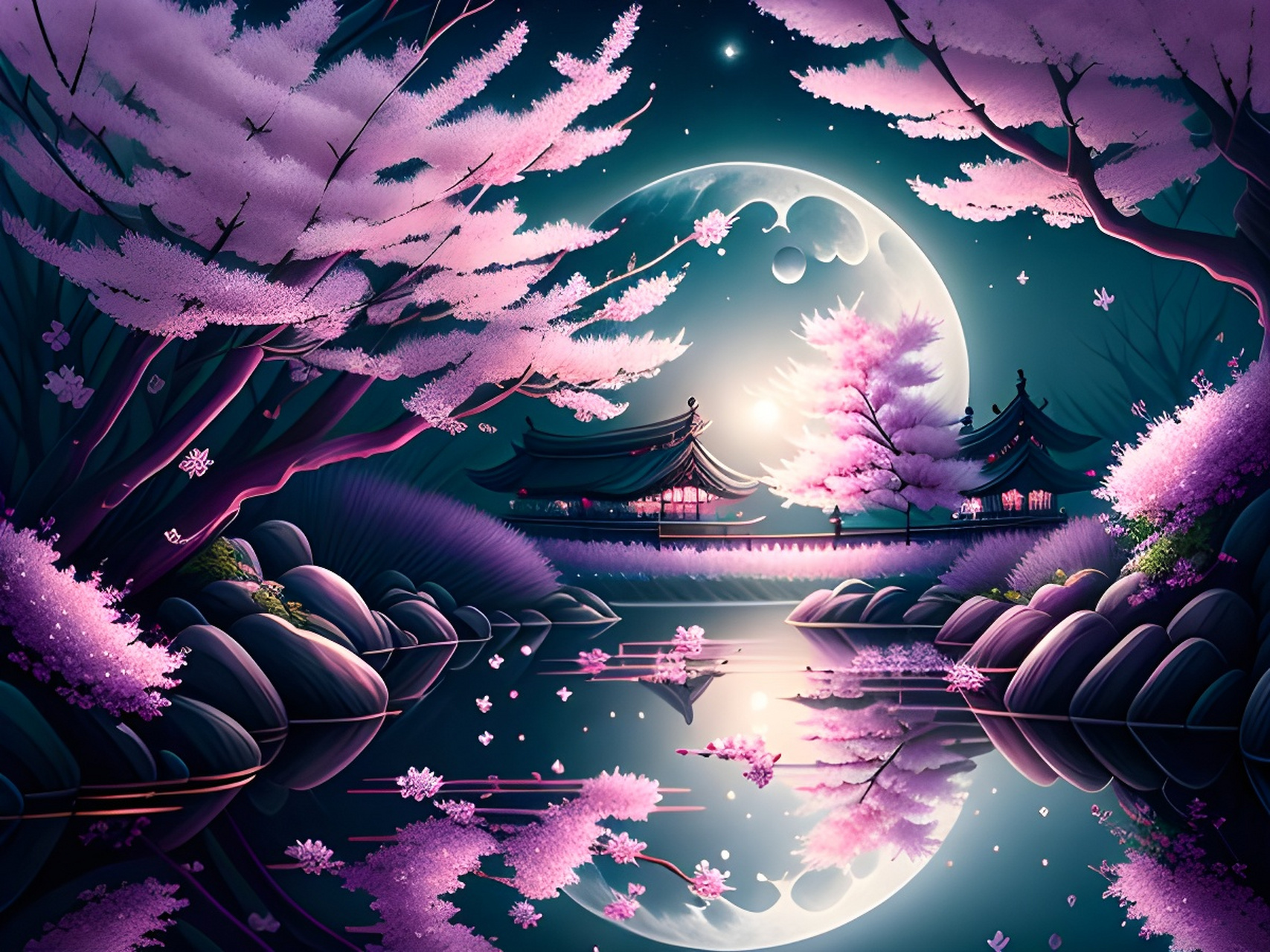 「花朵与月亮」壁纸[比心][比心] #植物# #二次元美图#  #百度ai绘图