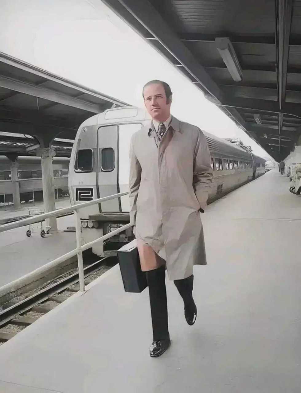 1973年,年轻的拜登乘坐地铁上班,提着公文包,穿着风衣,小皮鞋擦的锃亮