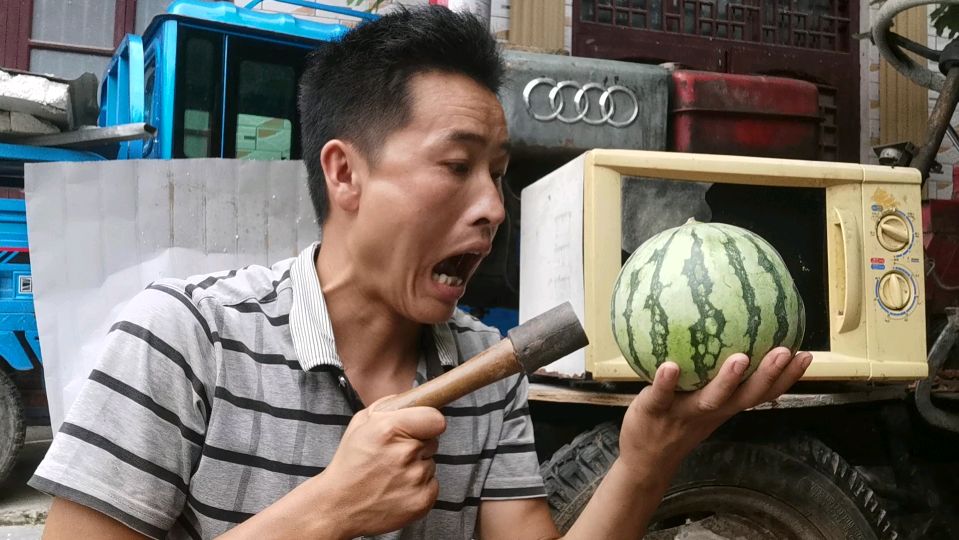 农民废品站买来二手微波炉,把整个西瓜放进去烤,居然烤成这样了