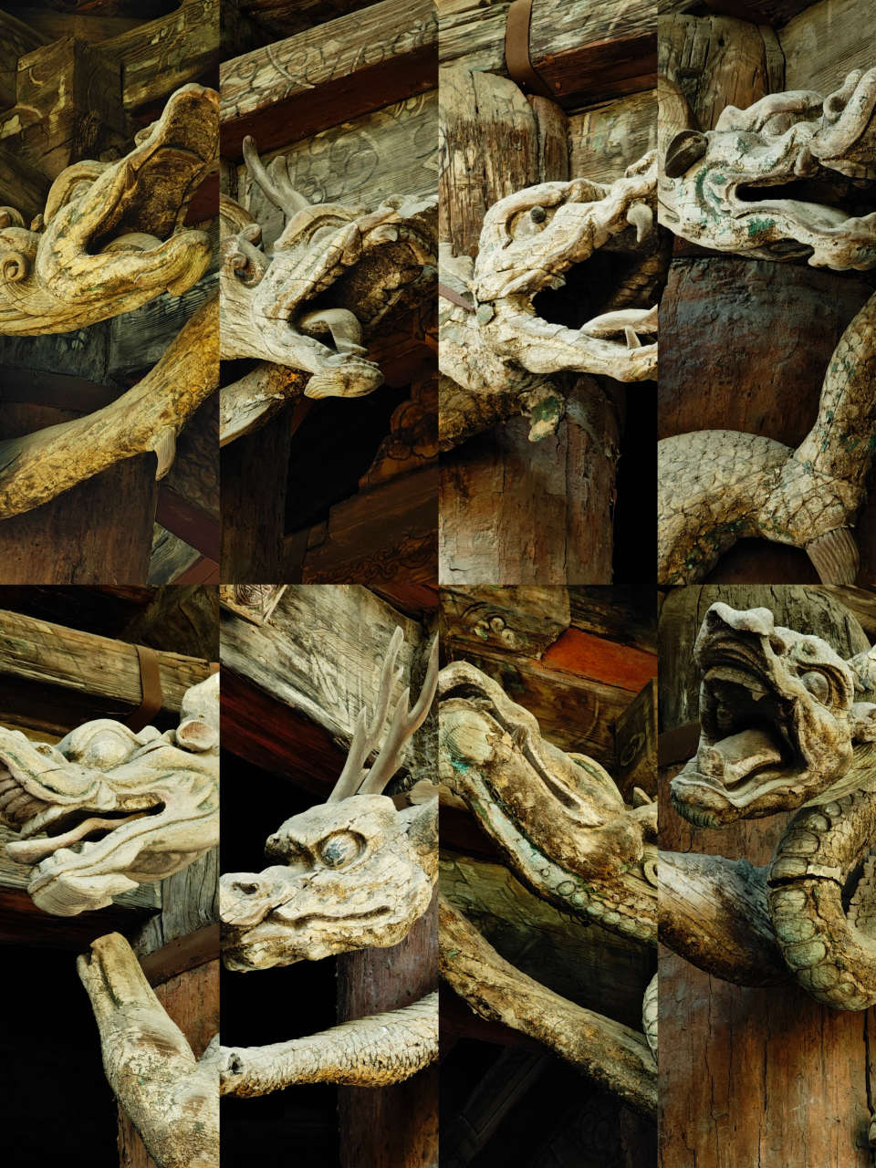 龙,也许真的存在过 太原晋祠圣母殿廊柱上的八条木雕盘龙.其中六条雕