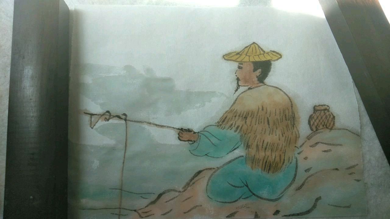 山水画技法入门231,在岸边钓鱼的人,披蓑独钓乐无穷