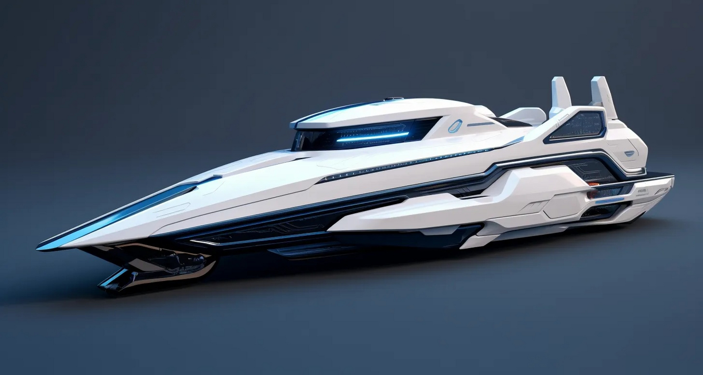 一组ai生成的游艇建模作品,流线型与灯光的运用颇具未来风格.