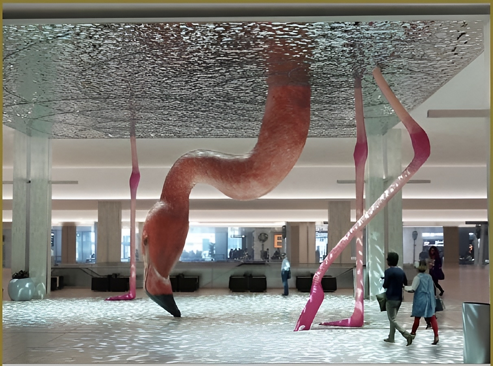 这是佛罗里达坦帕国际机场的航站楼里的火烈鸟雕塑,天花板和地面的