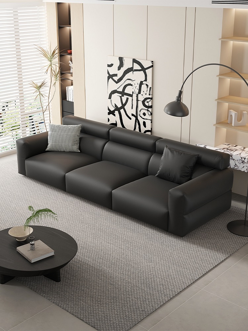 高靠背豆腐块沙发客厅埃神大气直排意式极简大黑牛硅胶皮沙发 #时尚