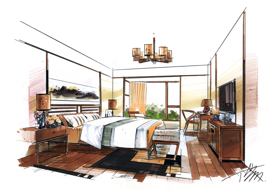 家居空间手绘设计训练之卧室空间色彩的后期刻画