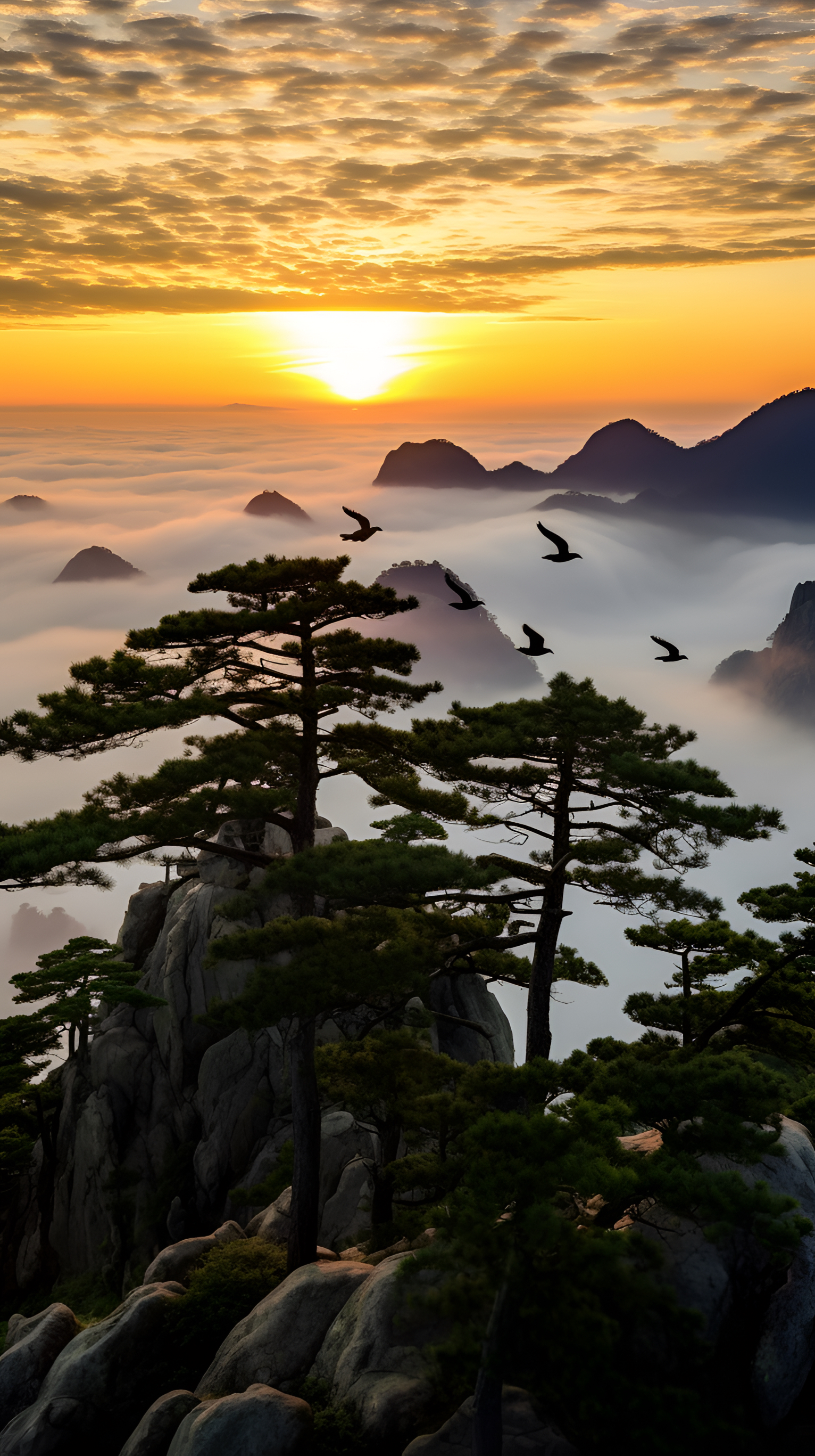 黄山上的壮丽自然景观,苍松,云海中的仙鹤和朝阳