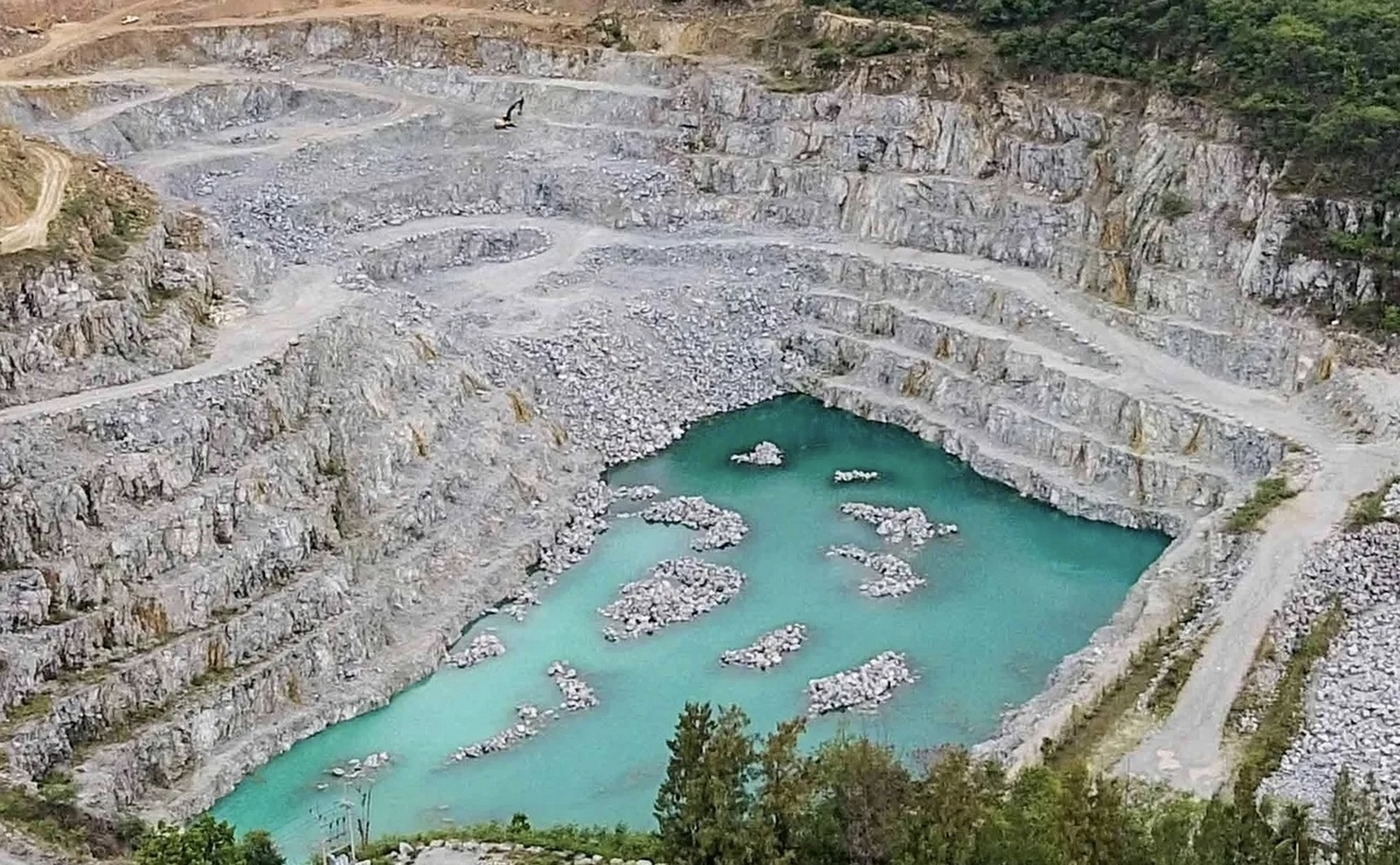 山东临沂的废弃矿坑中出现了两条大鱼,浮到水面活动的场景刚好被游客