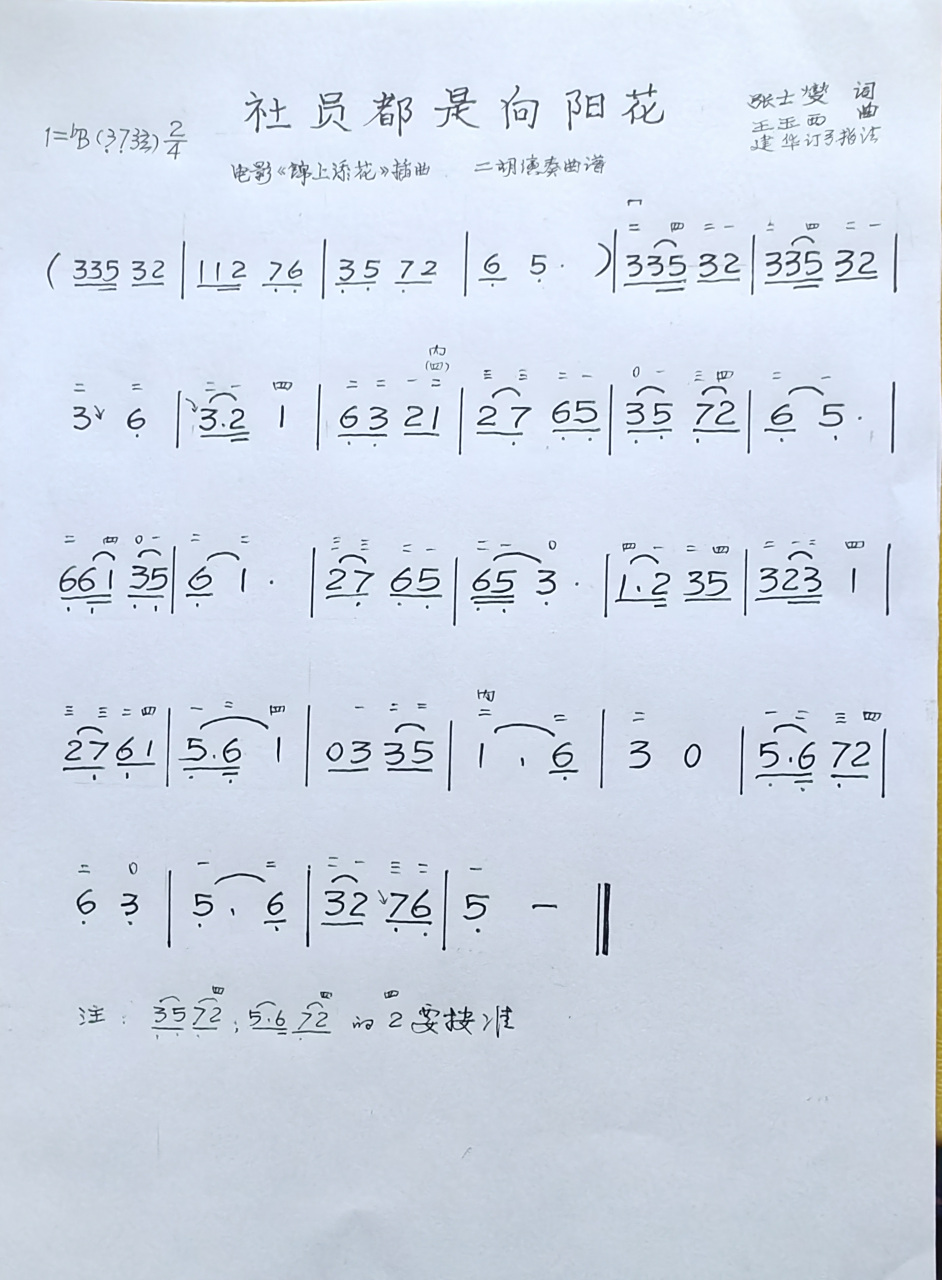 电影《锦上添花》插曲《社员都是向阳花》二胡演奏曲谱