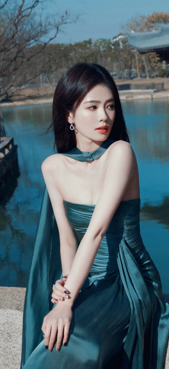 美女白鹿,身穿蓝色抹胸礼服,肤白如雪,眼神清澈,美丽动人.#白鹿