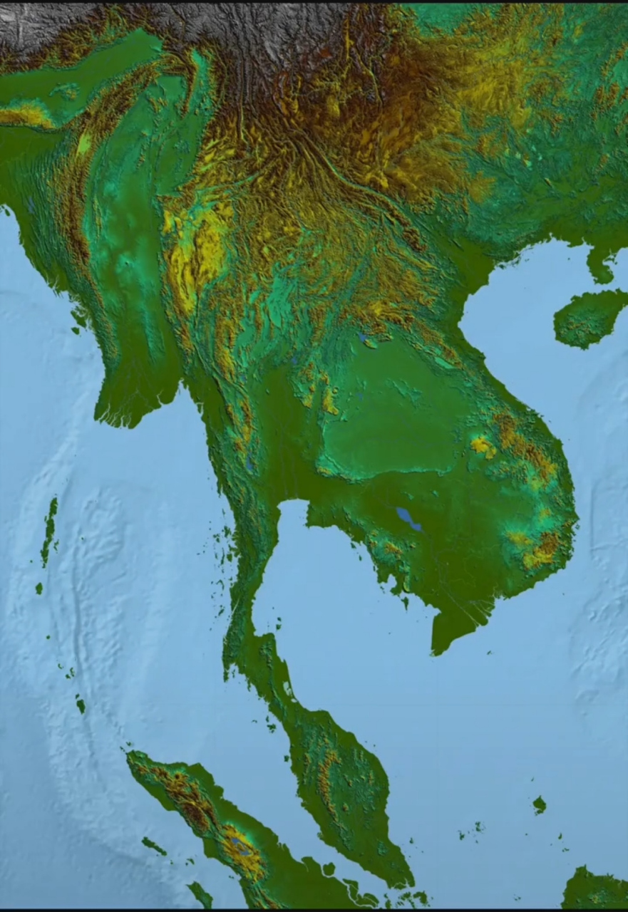中南半岛地形图  山河相间,纵列分布
