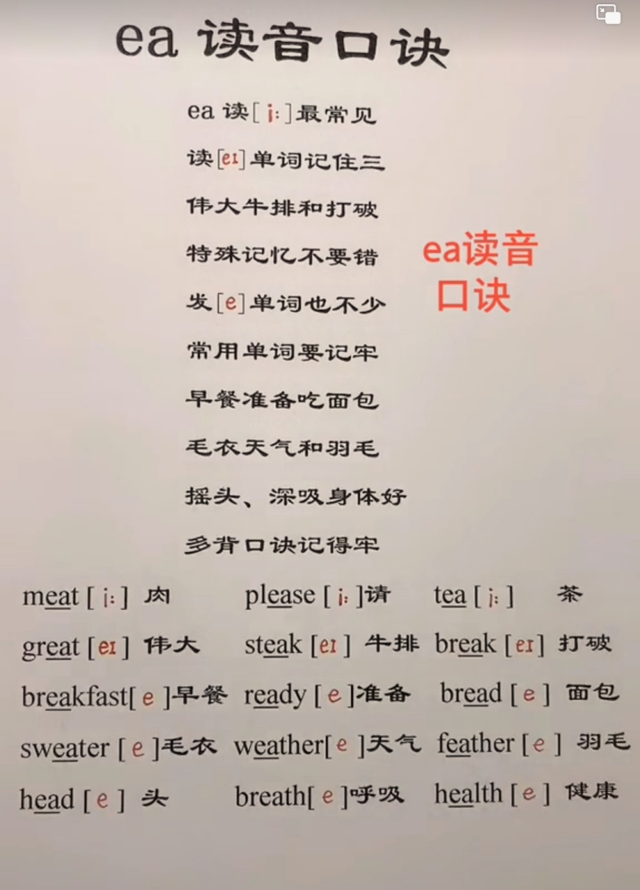 ea 发音规律口诀 ea 读 i]最常见 读[e01]单词记住三 伟大牛排