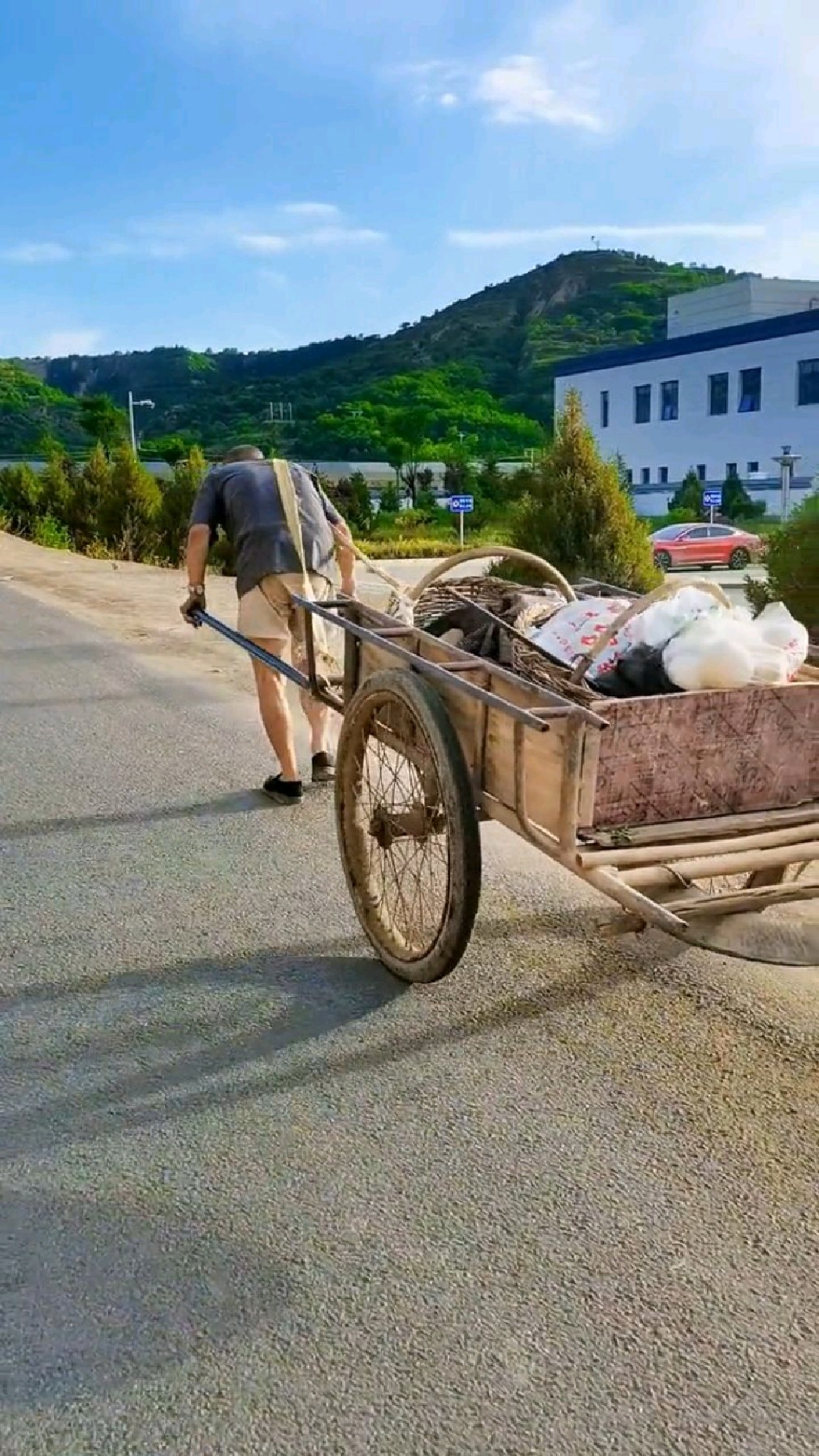 老人起早贪黑,一天卖了九十多块钱,早上起来拉一车子蔬菜水果去城里卖