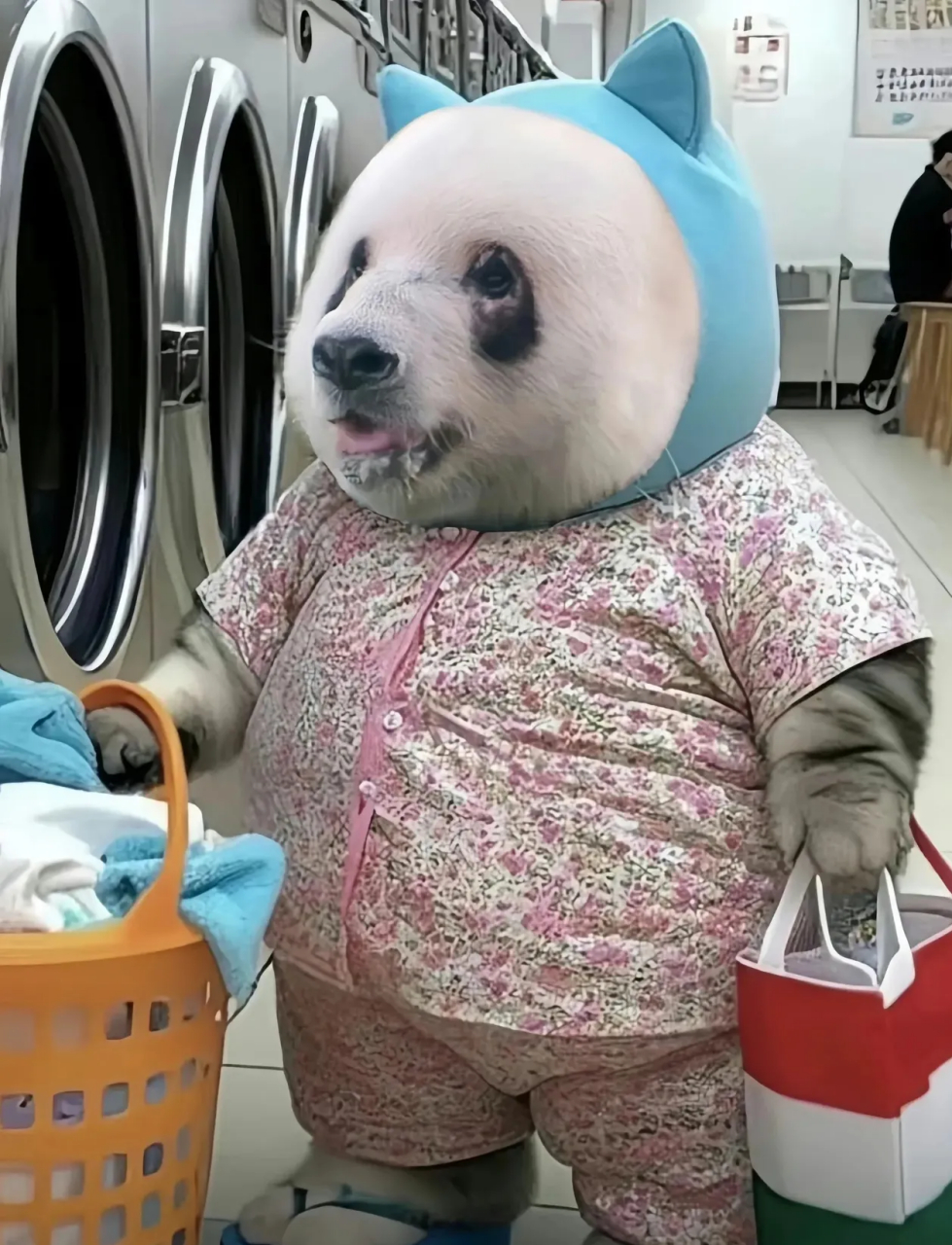 大熊猫萌二穿了花衣服和人字拖. 它就是熊猫界最靓的仔.