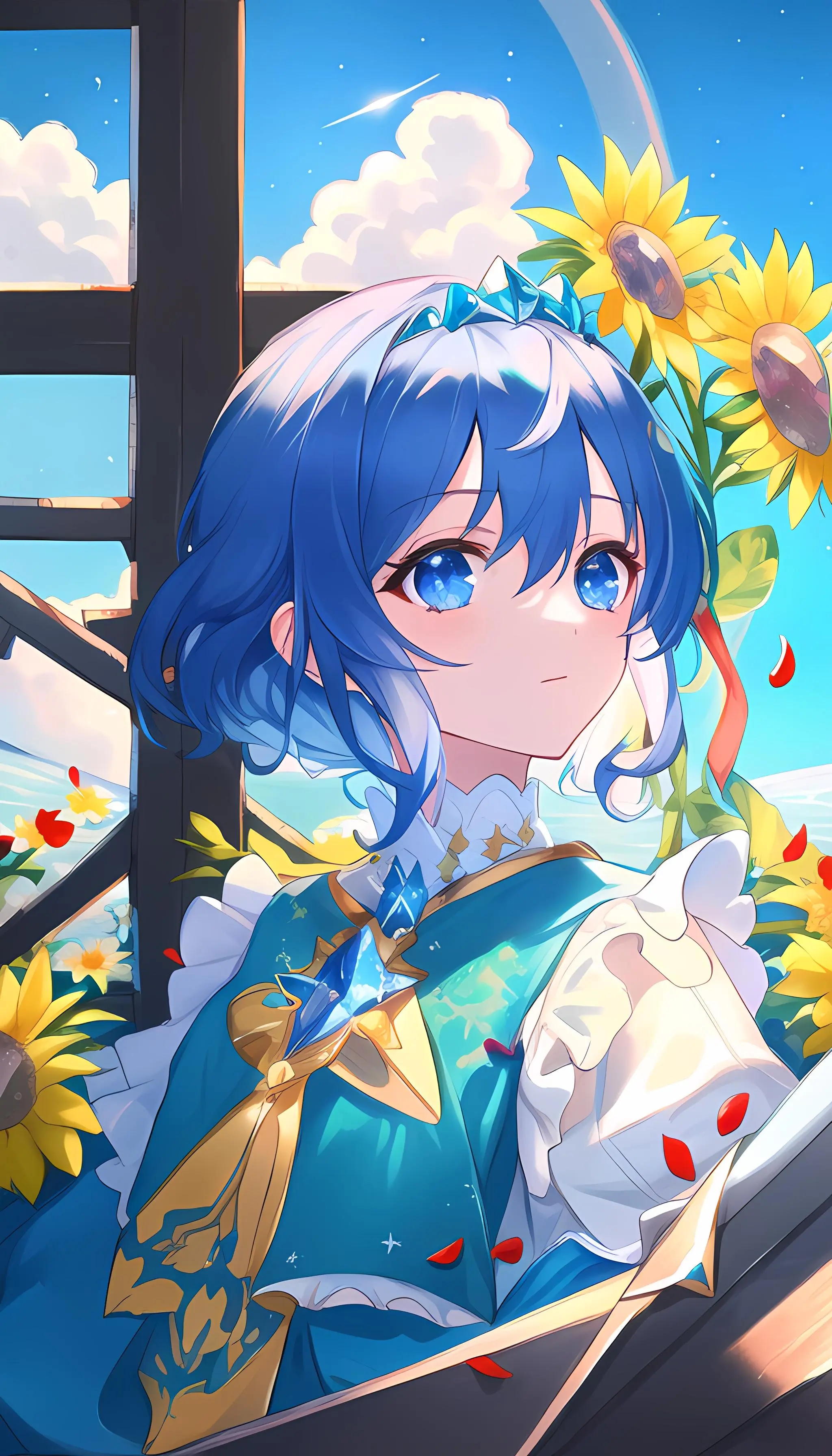 春天向日葵下的少女