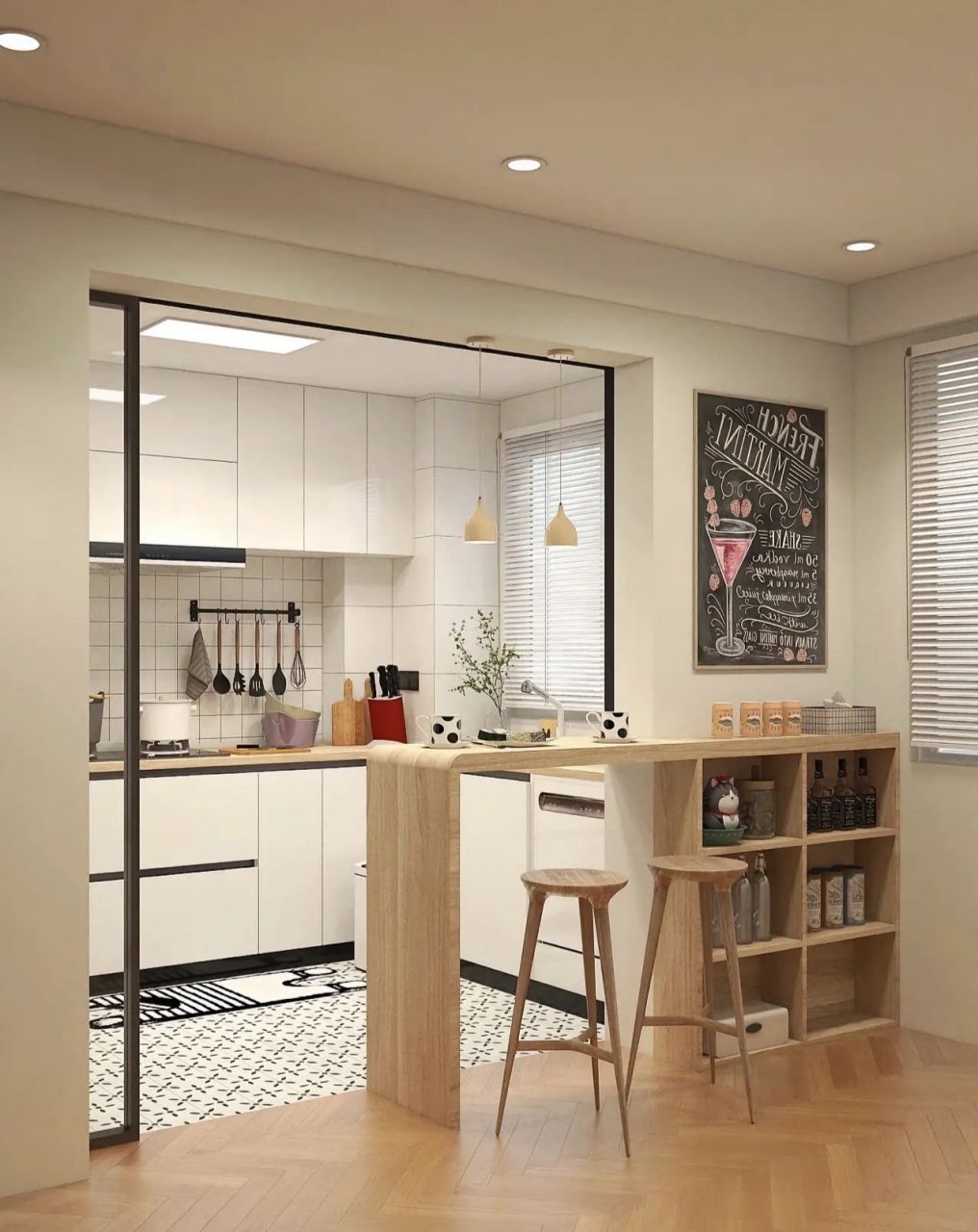 担心油烟问题有想做开放式厨房的朋友看过来,这样做半开放式厨房 玻璃