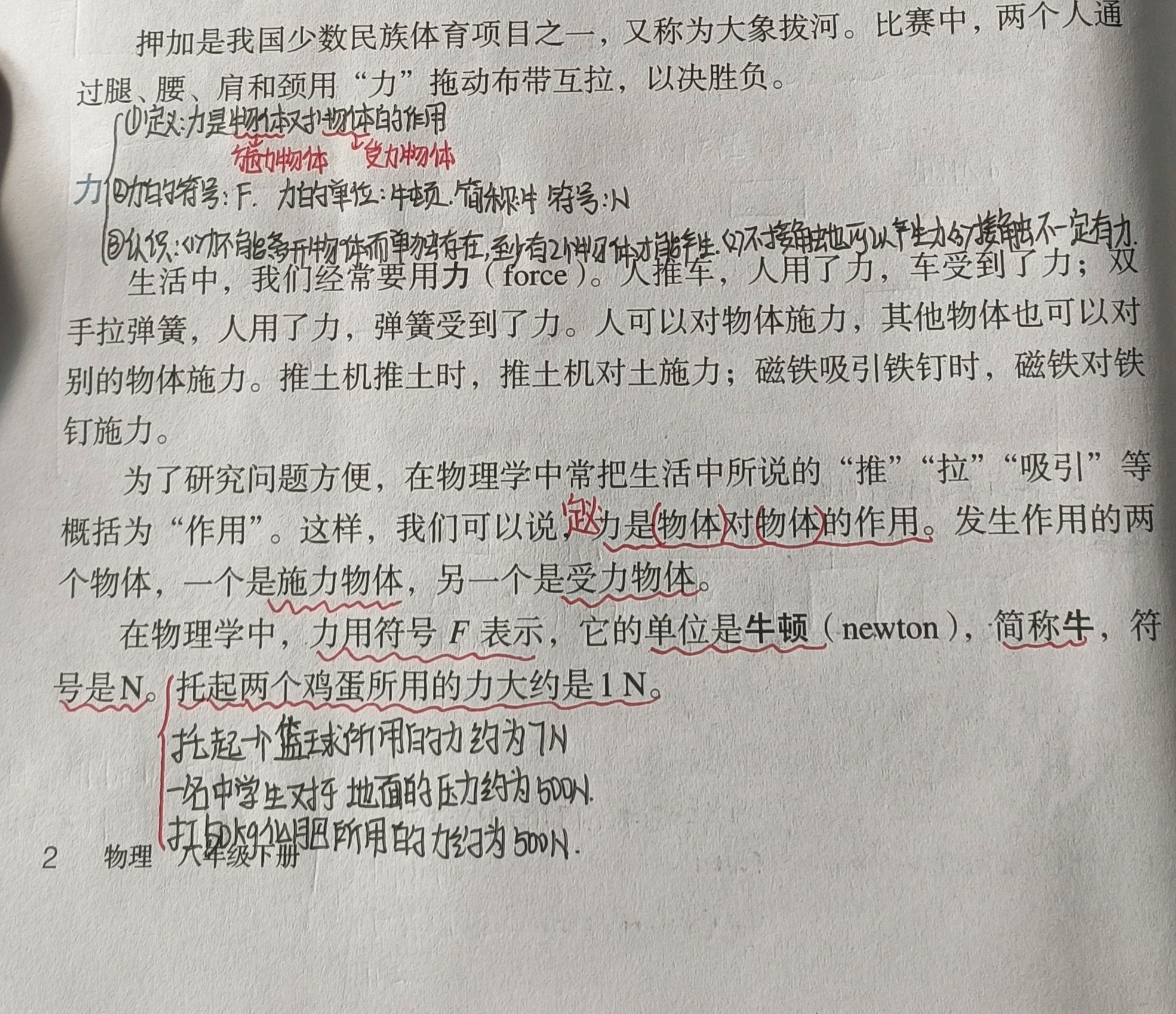 八年级物理下册第七章第一节《力》课文笔记和知识点,预习专用